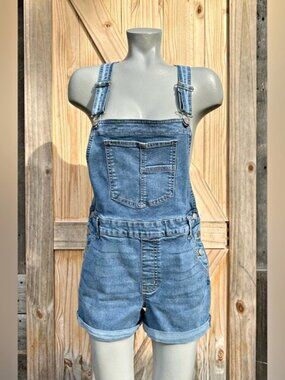 Vintage 90s No Boundaries NOBO Stretch Denim Cuffed Bib Overalls Shortalls~L~